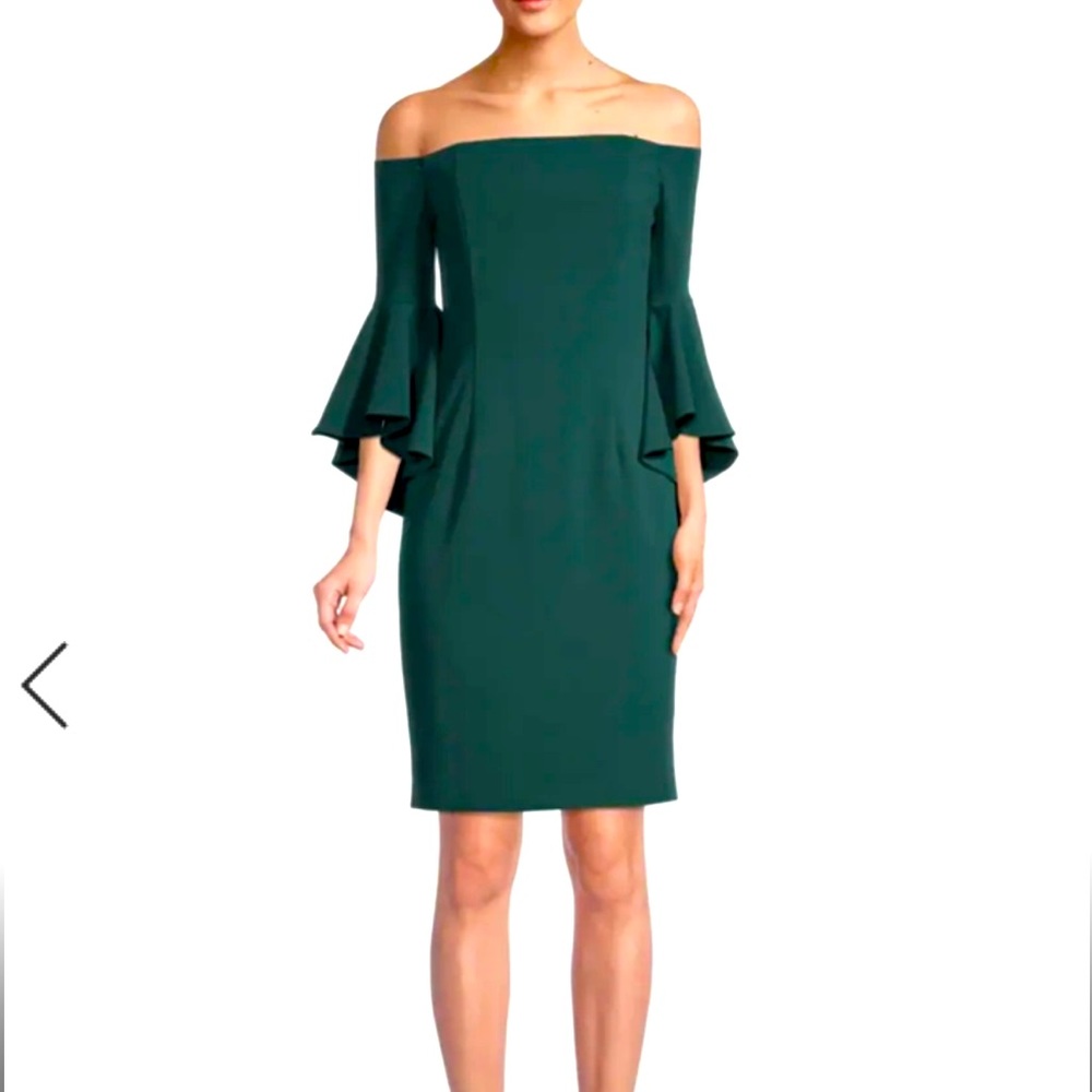 Calvin Klein Green Off-Shoulder Sheath Dress with Bell Sleeves